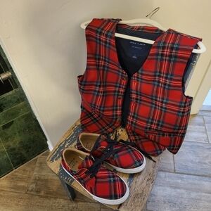 Janie and Jack Holiday Tartan Boys Vest size 12 Sneakers size 2